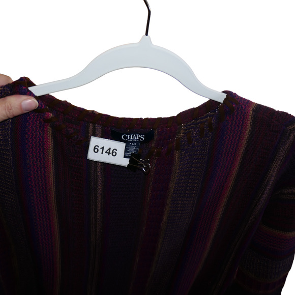 Chaps Sweater Womens PL Petite Large Purple Stripe Leather Trim Preppy Classic - Picture 8 of 8